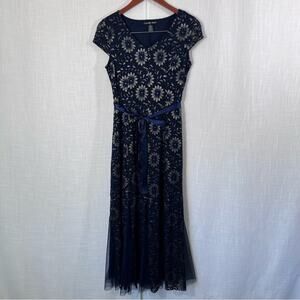 Candalite Petite Navy Crochet Lace Metallic‎ Shimmer Evening Gown Dress PS